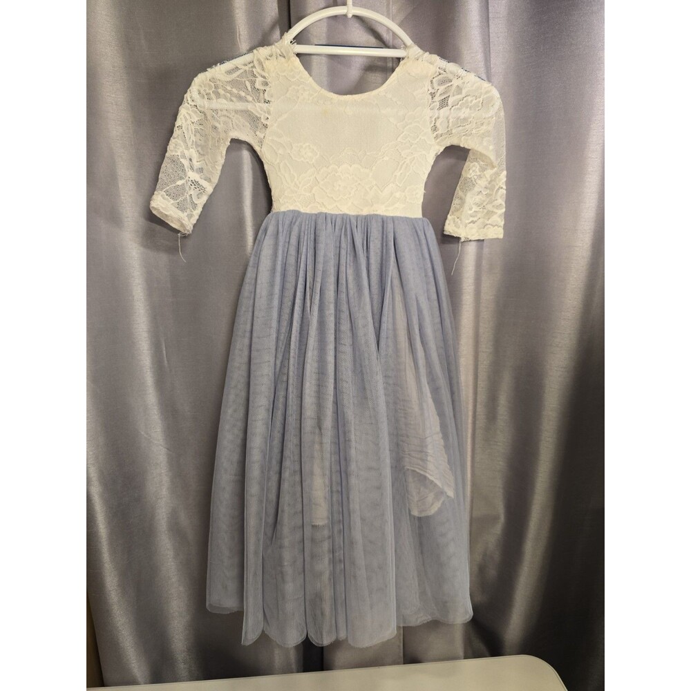 2 Bunnies Peony Flower Girl Dress Toddler Size 4t Dusty Blue Tulle White Lace